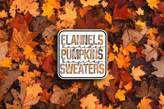 Flannels, Hayrides, Pumpkins, Sweaters, Bonfires - Leopard (Fall) Sticker